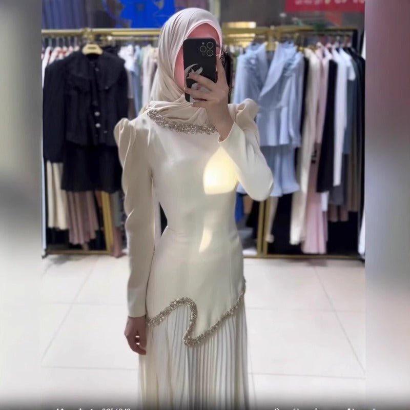 Elegant Pleated Abaya Dress with Diamond Embellished Collar & Waist | Modest Muslim Maxi Dress with Back Strap Detail(MA294) - Mariam's Collection