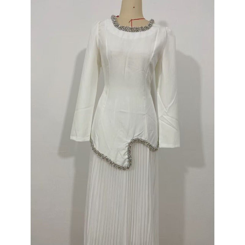 Elegant Pleated Abaya Dress with Diamond Embellished Collar & Waist | Modest Muslim Maxi Dress with Back Strap Detail(MA294) - Mariam's Collection