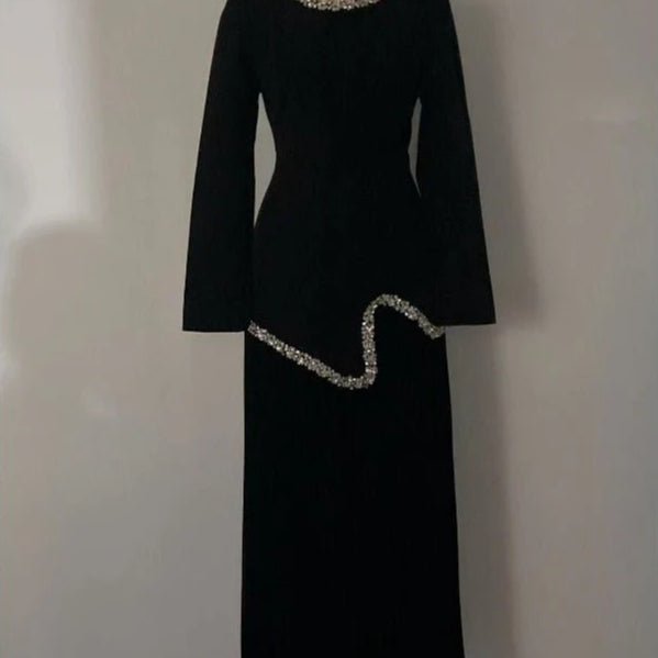 Elegant Pleated Abaya Dress with Diamond Embellished Collar & Waist | Modest Muslim Maxi Dress with Back Strap Detail(MA294) - Mariam's Collection