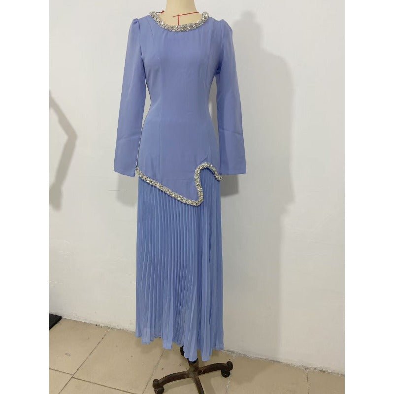 Elegant Pleated Abaya Dress with Diamond Embellished Collar & Waist | Modest Muslim Maxi Dress with Back Strap Detail(MA294) - Mariam's Collection