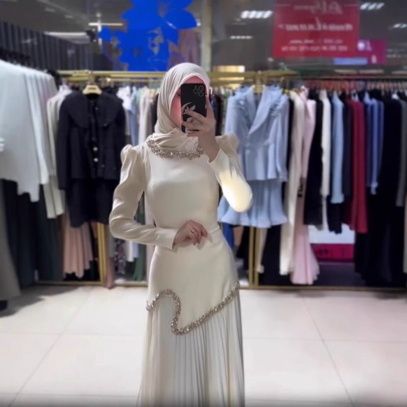 Elegant Pleated Abaya Dress with Diamond Embellished Collar & Waist | Modest Muslim Maxi Dress with Back Strap Detail(MA294) - Mariam's Collection