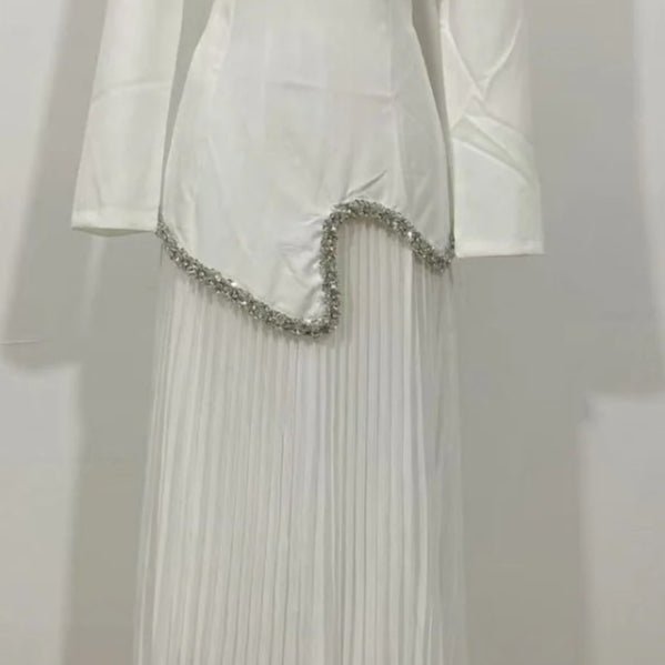 Elegant Pleated Abaya Dress with Diamond Embellished Collar & Waist | Modest Muslim Maxi Dress with Back Strap Detail(MA294) - Mariam's Collection