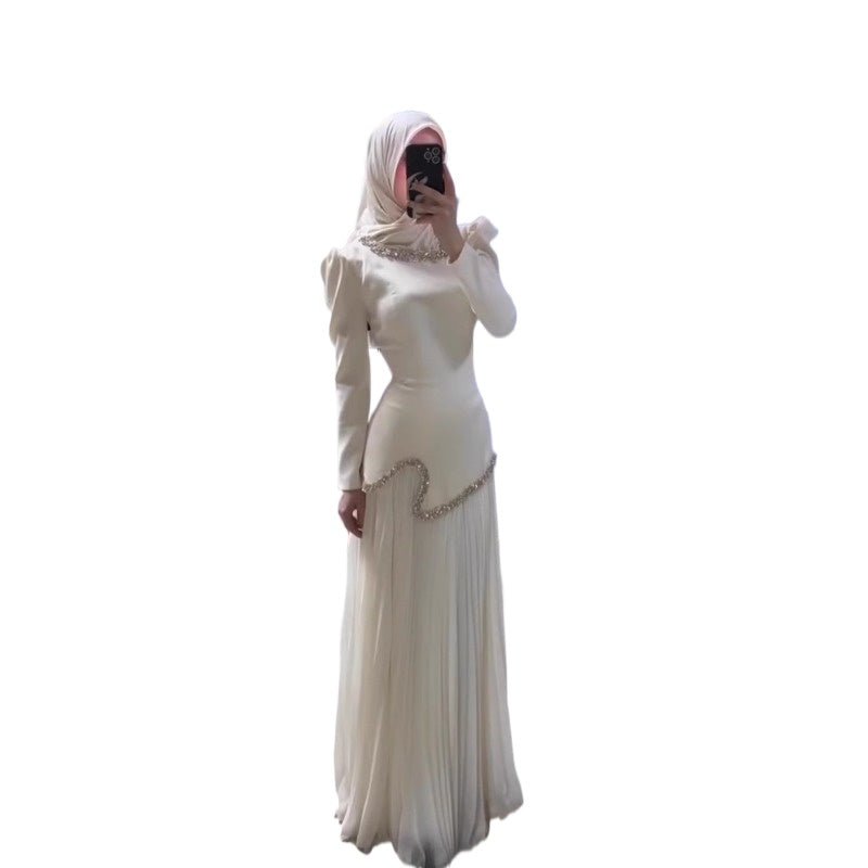 Elegant Pleated Abaya Dress with Diamond Embellished Collar & Waist | Modest Muslim Maxi Dress with Back Strap Detail(MA294) - Mariam's Collection