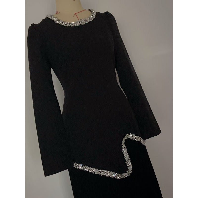 Elegant Pleated Abaya Dress with Diamond Embellished Collar & Waist | Modest Muslim Maxi Dress with Back Strap Detail(MA294) - Mariam's Collection