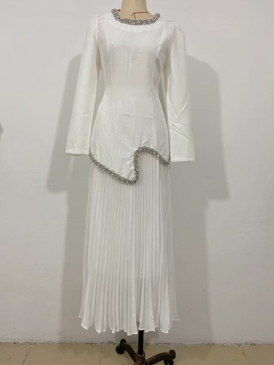 Elegant Pleated Abaya Dress with Diamond Embellished Collar & Waist | Modest Muslim Maxi Dress with Back Strap Detail(MA294) - Mariam's Collection