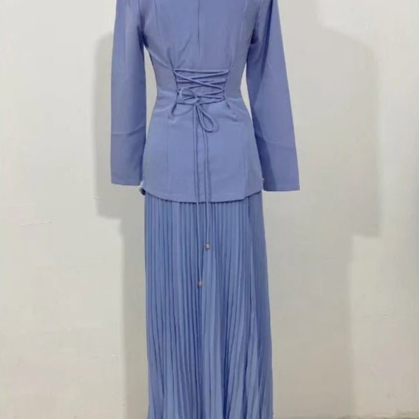 Elegant Pleated Abaya Dress with Diamond Embellished Collar & Waist | Modest Muslim Maxi Dress with Back Strap Detail(MA294) - Mariam's Collection