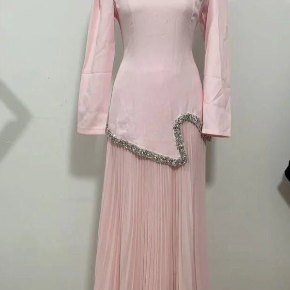 Elegant Pleated Abaya Dress with Diamond Embellished Collar & Waist | Modest Muslim Maxi Dress with Back Strap Detail(MA294) - Mariam's Collection