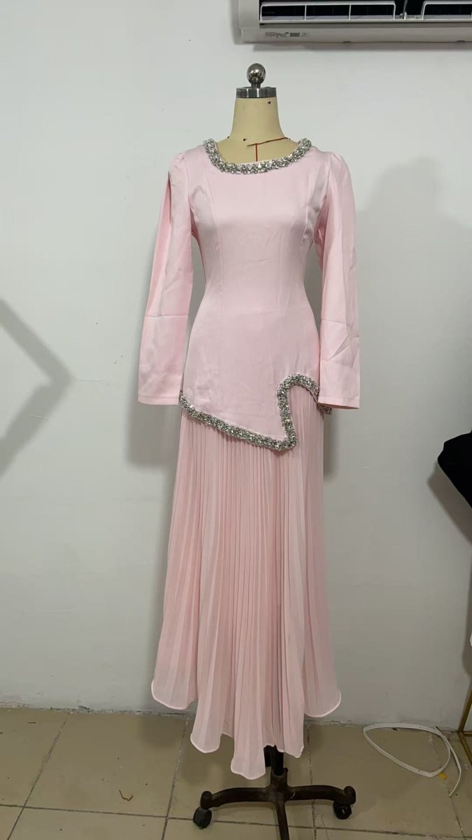 Elegant Pleated Abaya Dress with Diamond Embellished Collar & Waist | Modest Muslim Maxi Dress with Back Strap Detail(MA294) - Mariam's Collection