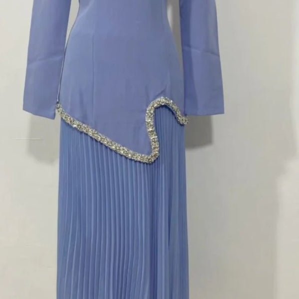 Elegant Pleated Abaya Dress with Diamond Embellished Collar & Waist | Modest Muslim Maxi Dress with Back Strap Detail(MA294) - Mariam's Collection