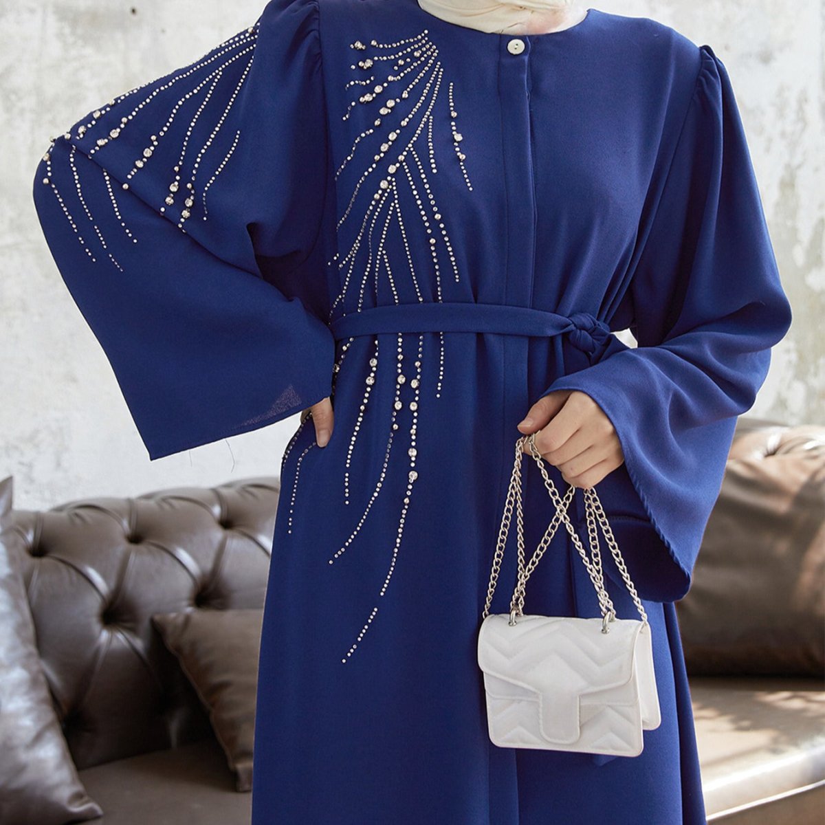 Elegant Rhinestones Open Abaya (MOA077) - Mariam's Collection