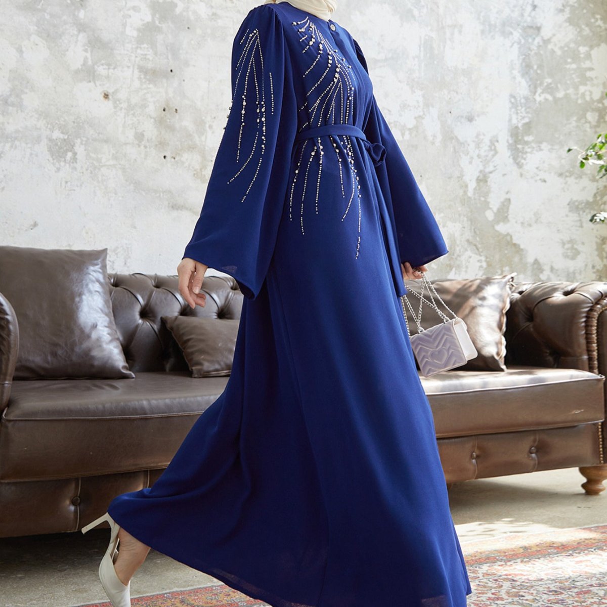 Elegant Rhinestones Open Abaya (MOA077) - Mariam's Collection