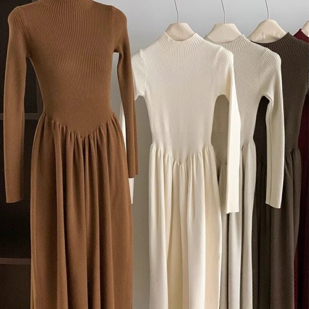 Elegant Ribbed Knit Maxi Dress | Mock Neck A - Line Sweater Dress (MS173) - Mariam's Collection