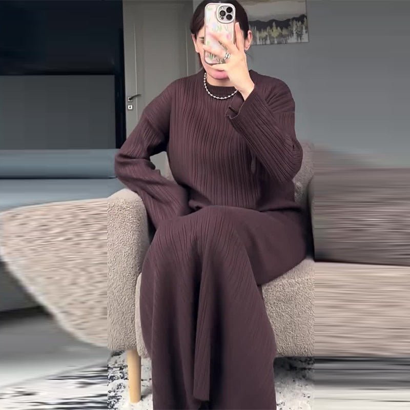 Elegant Ribbed Knit Two - Piece Set | Round Neck Pullover Top & Skirt(MS134) - Mariam's Collection