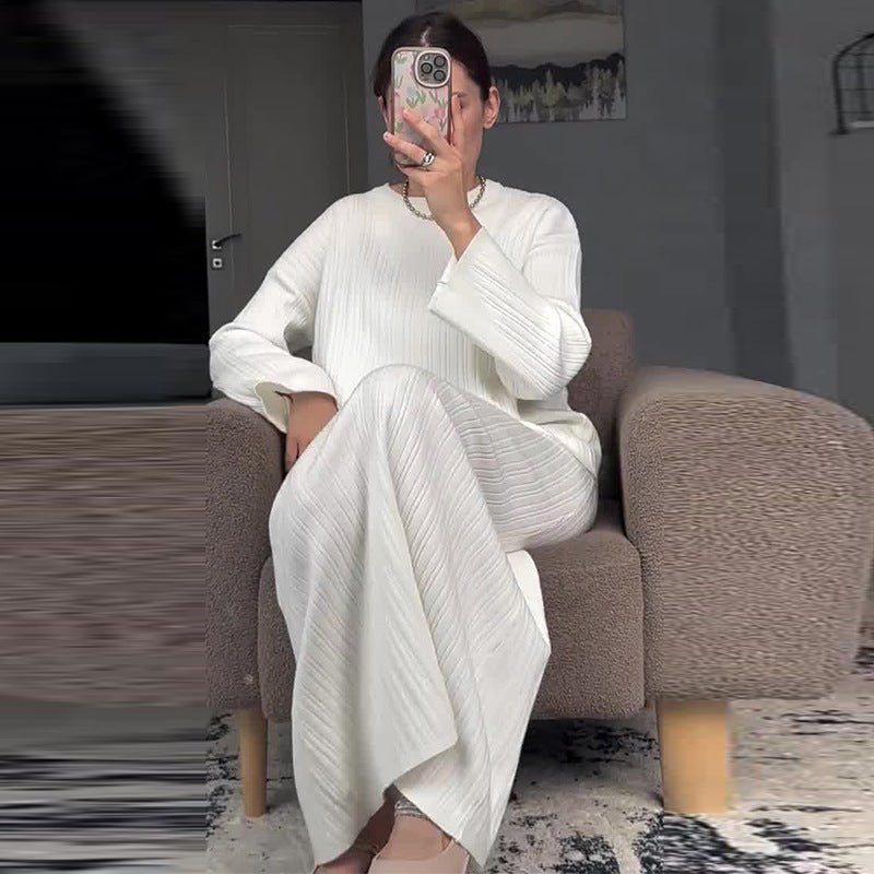 Elegant Ribbed Knit Two - Piece Set | Round Neck Pullover Top & Skirt(MS134) - Mariam's Collection