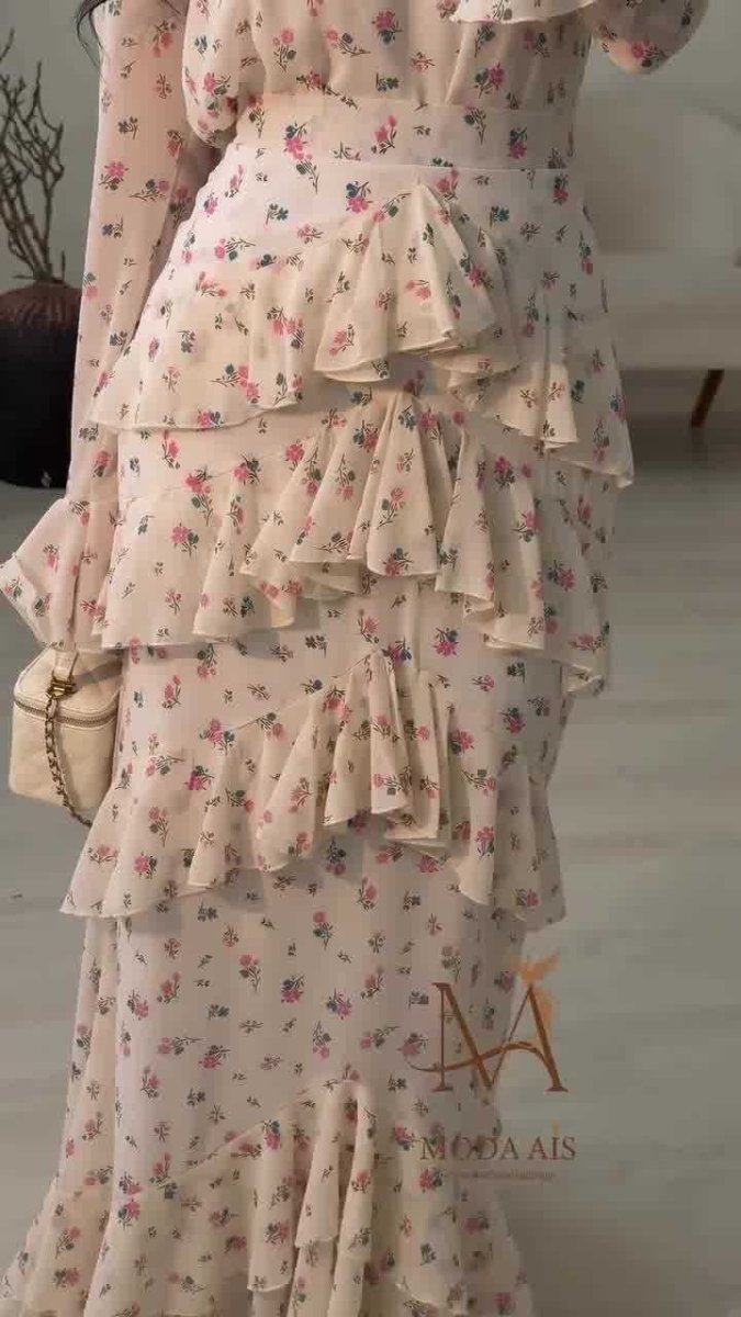 Elegant Romantic Floral Chiffon Fishtail Ruffled Long Sleeve Dress Maxi Dress Abaya. (MA212) - Mariam's Collection