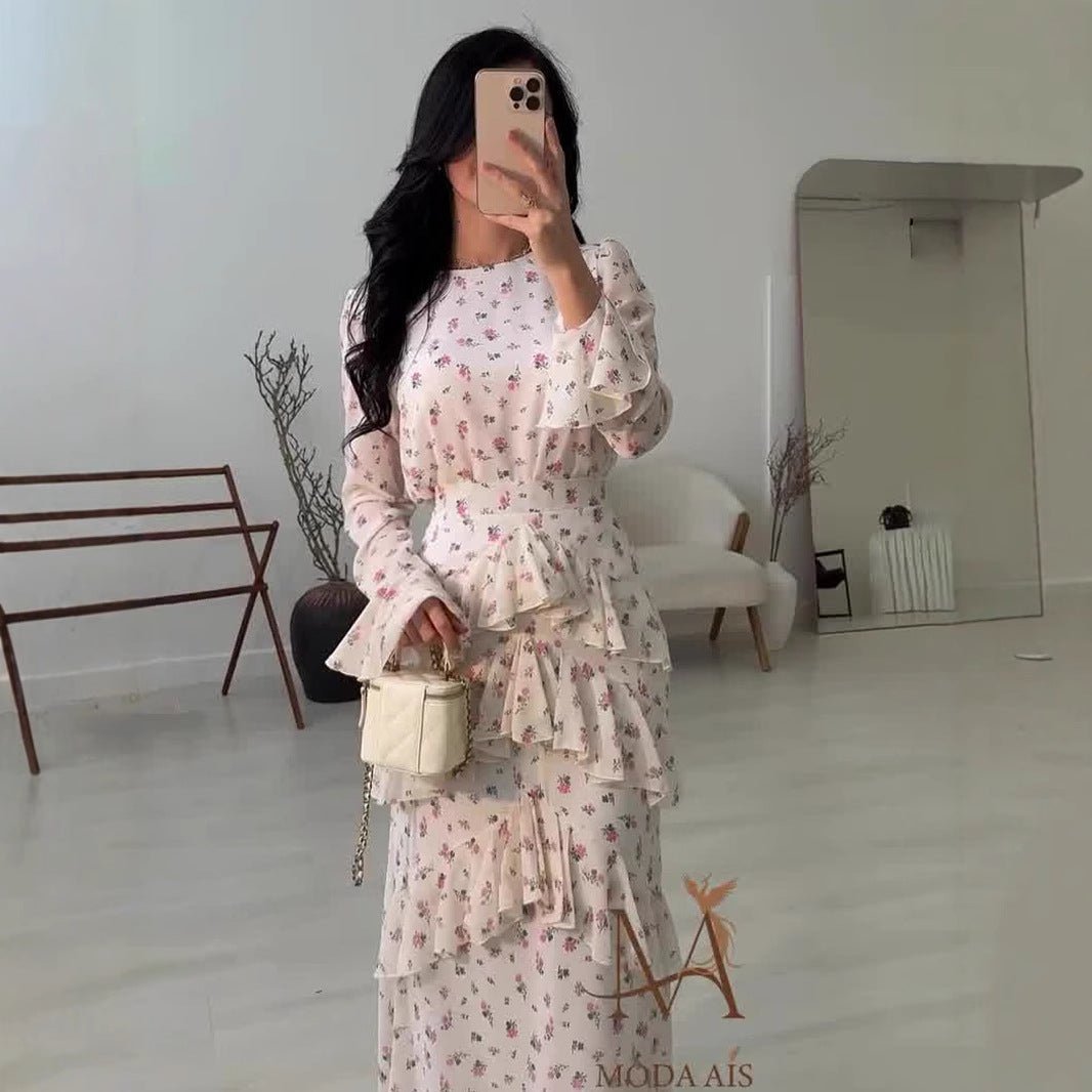 Elegant Romantic Floral Chiffon Fishtail Ruffled Long Sleeve Dress Maxi Dress Abaya. (MA212) - Mariam's Collection