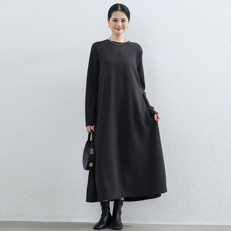 Elegant Round Neck A - Line Maxi Dress - Solid Color Modest Abaya with Pockets(MA310) - Mariam's Collection