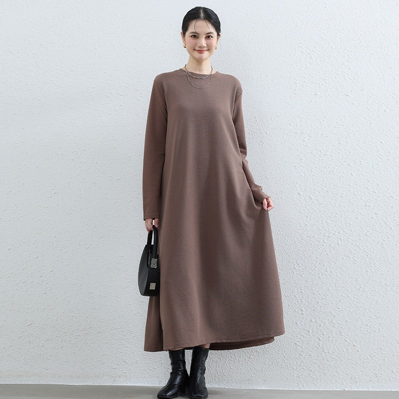 Elegant Round Neck A - Line Maxi Dress - Solid Color Modest Abaya with Pockets(MA310) - Mariam's Collection