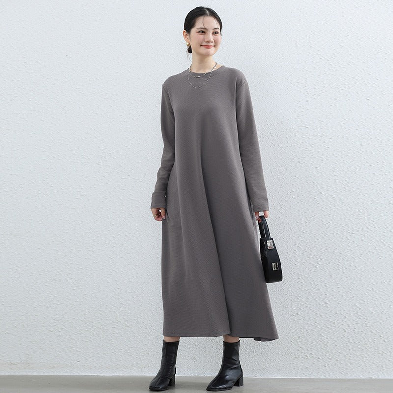 Elegant Round Neck A - Line Maxi Dress - Solid Color Modest Abaya with Pockets(MA310) - Mariam's Collection