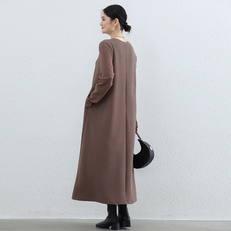 Elegant Round Neck A - Line Maxi Dress - Solid Color Modest Abaya with Pockets(MA310) - Mariam's Collection