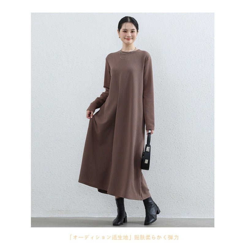 Elegant Round Neck A - Line Maxi Dress - Solid Color Modest Abaya with Pockets(MA310) - Mariam's Collection