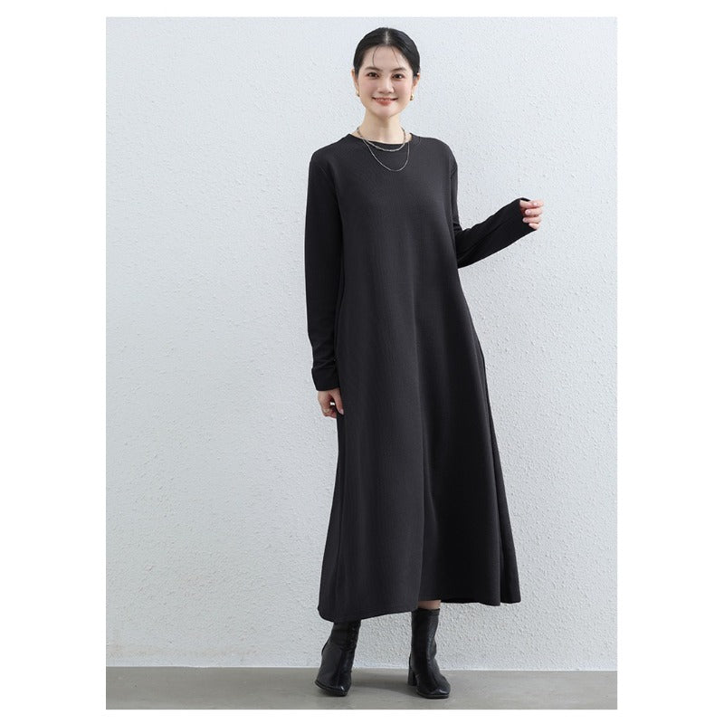 Elegant Round Neck A - Line Maxi Dress - Solid Color Modest Abaya with Pockets(MA310) - Mariam's Collection
