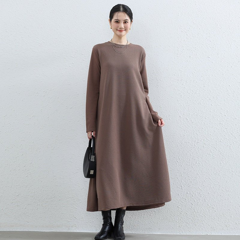Elegant Round Neck A - Line Maxi Dress - Solid Color Modest Abaya with Pockets(MA310) - Mariam's Collection