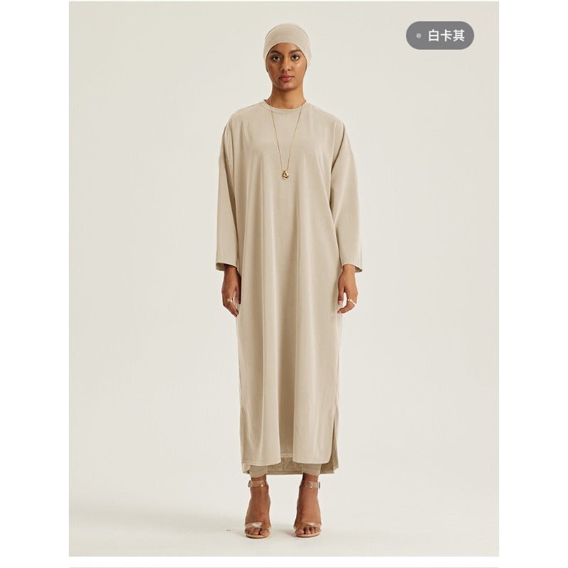 Elegant Round Neck Drop Shoulder Maxi Dress - Solid Color Modest Abaya with Side Slits(MA309) - Mariam's Collection