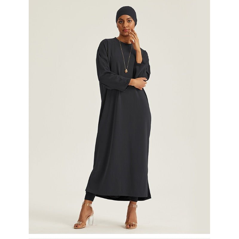 Elegant Round Neck Drop Shoulder Maxi Dress - Solid Color Modest Abaya with Side Slits(MA309) - Mariam's Collection