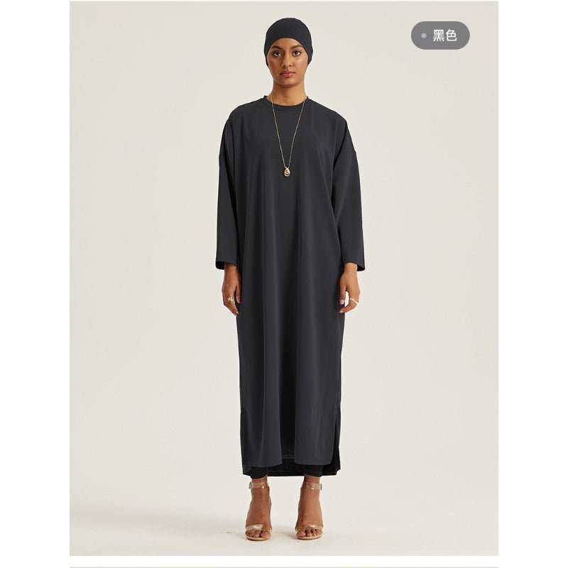 Elegant Round Neck Drop Shoulder Maxi Dress - Solid Color Modest Abaya with Side Slits(MA309) - Mariam's Collection