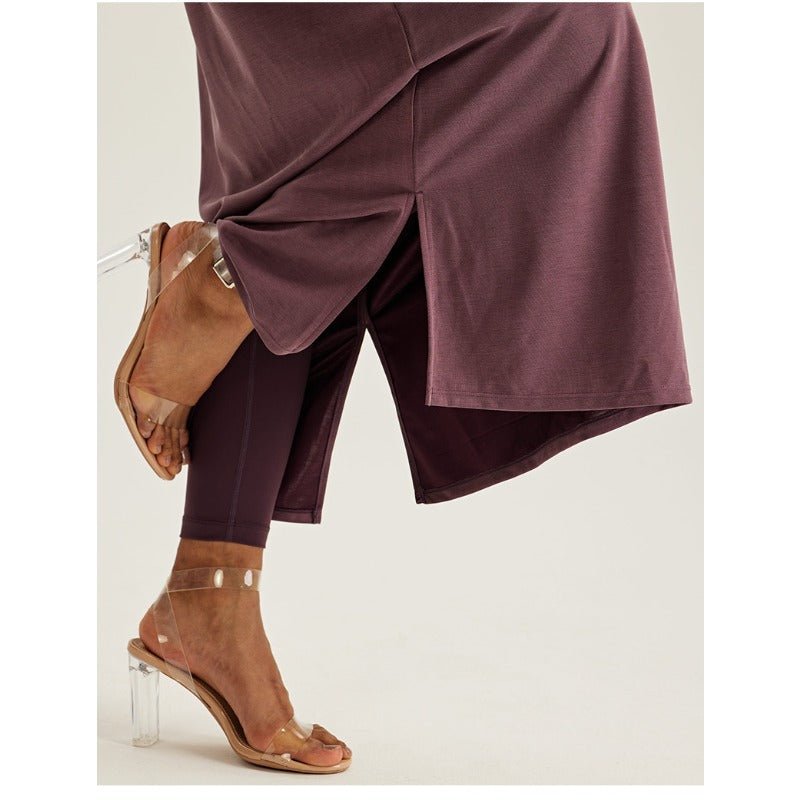 Round Neck Drop Shoulder Maxi Dress - Solid Color Modest Abaya with Side Slits