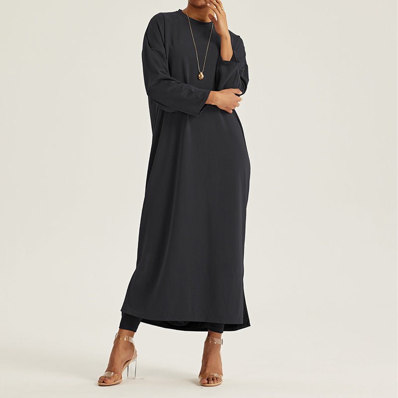 Elegant Round Neck Drop Shoulder Maxi Dress - Solid Color Modest Abaya with Side Slits(MA309) - Mariam's Collection