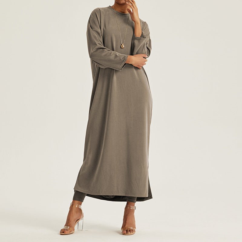 Elegant Round Neck Drop Shoulder Maxi Dress - Solid Color Modest Abaya with Side Slits(MA309) - Mariam's Collection