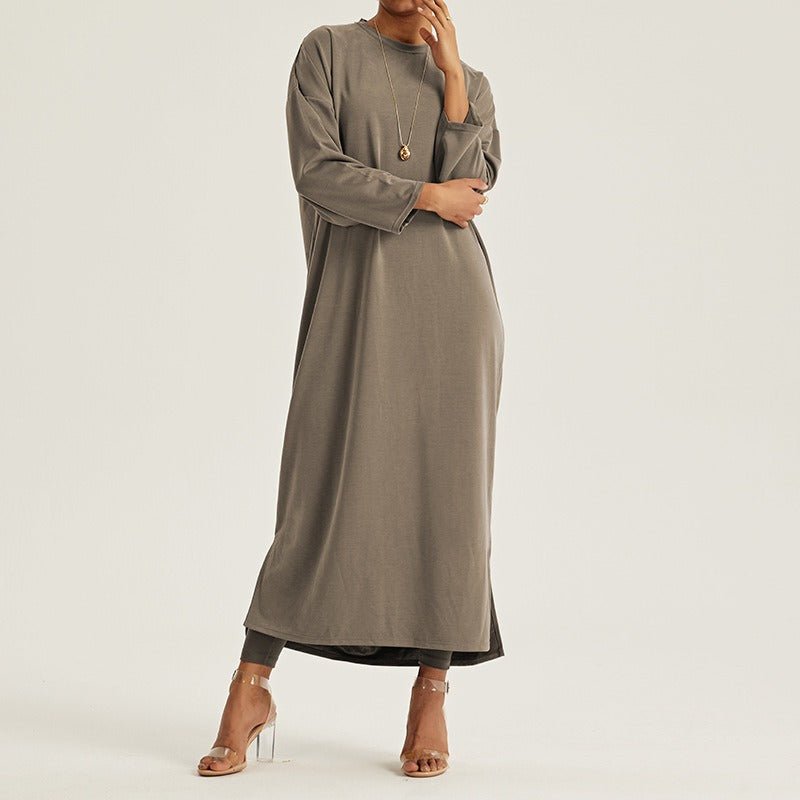 Elegant Round Neck Drop Shoulder Maxi Dress - Solid Color Modest Abaya with Side Slits(MA309) - Mariam's Collection