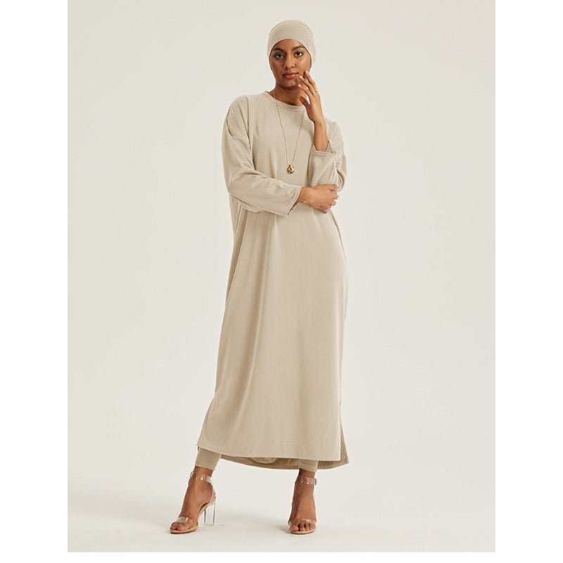 Elegant Round Neck Drop Shoulder Maxi Dress - Solid Color Modest Abaya with Side Slits(MA309) - Mariam's Collection