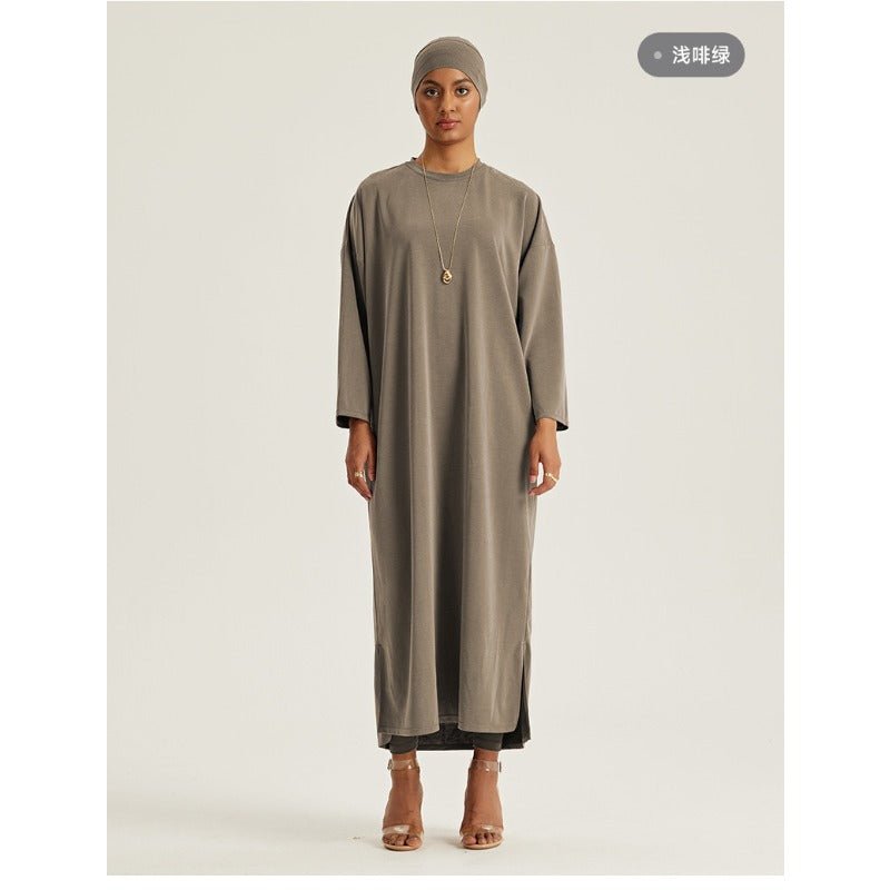 Elegant Round Neck Drop Shoulder Maxi Dress - Solid Color Modest Abaya with Side Slits(MA309) - Mariam's Collection