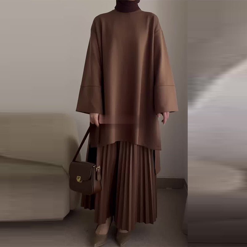 Elegant Round Neck Wide Sleeve Top & Pleated Skirt Set | Mid - Length Two - Piece Modest Outfit(MS126) - Mariam's Collection