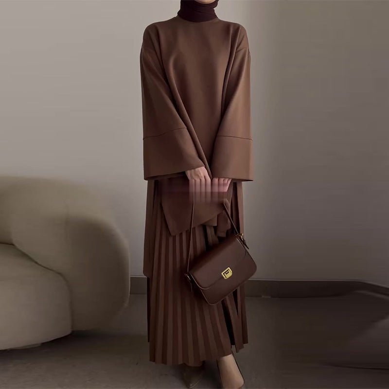 Elegant Round Neck Wide Sleeve Top & Pleated Skirt Set | Mid - Length Two - Piece Modest Outfit(MS126) - Mariam's Collection