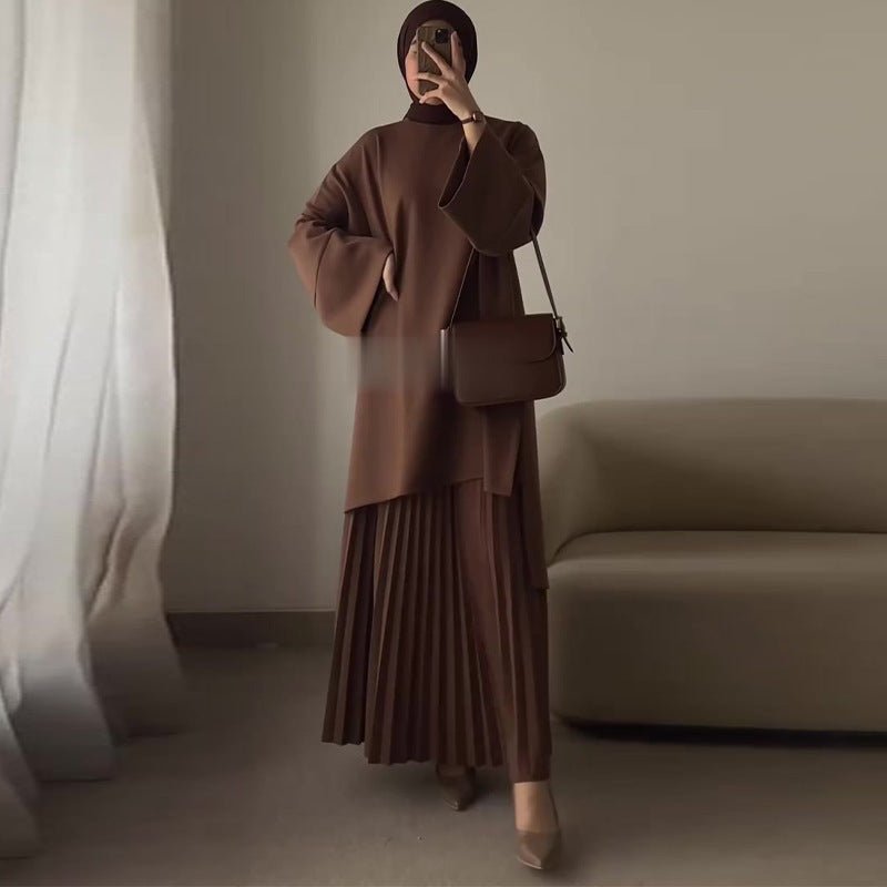 Elegant Round Neck Wide Sleeve Top & Pleated Skirt Set | Mid - Length Two - Piece Modest Outfit(MS126) - Mariam's Collection