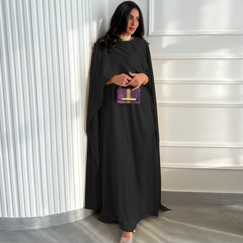Elegant Royal Satin Abaya Dress | Modest Cape Sleeve Maxi Robe with Luxurious Draping(MA289) - Mariam's Collection