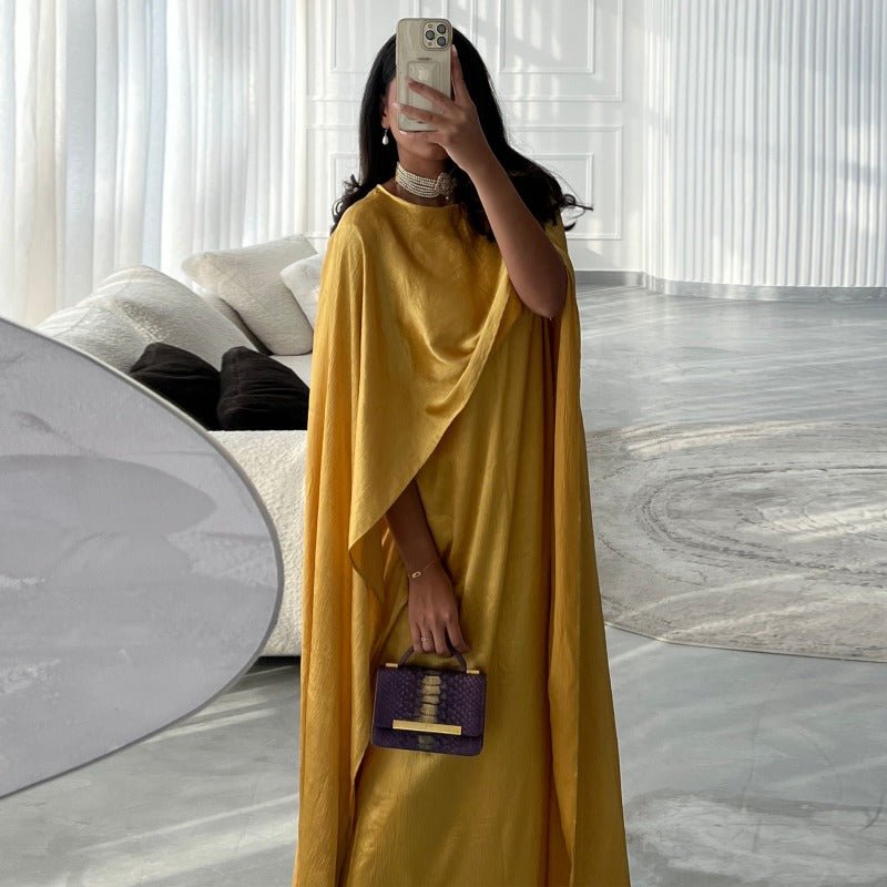 Elegant Royal Satin Abaya Dress | Modest Cape Sleeve Maxi Robe with Luxurious Draping(MA289) - Mariam's Collection