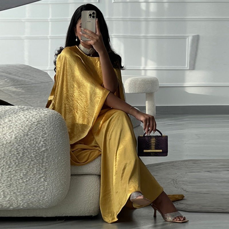 Elegant Royal Satin Abaya Dress | Modest Cape Sleeve Maxi Robe with Luxurious Draping(MA289) - Mariam's Collection