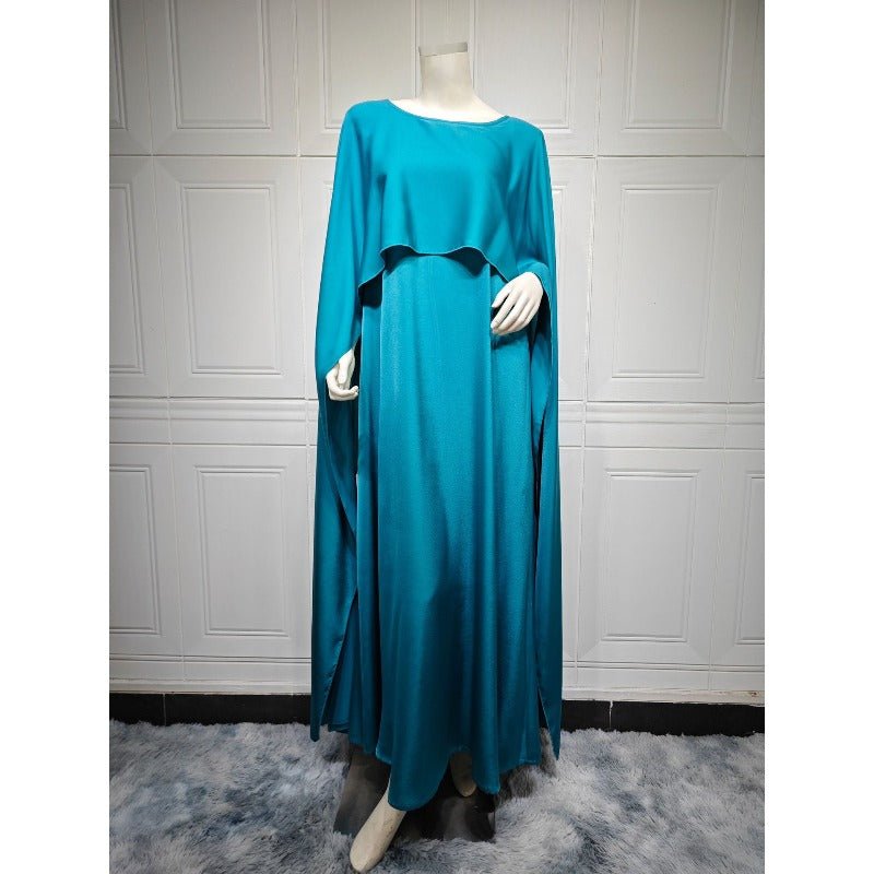 Elegant Royal Satin Abaya Dress | Modest Cape Sleeve Maxi Robe with Luxurious Draping(MA289) - Mariam's Collection