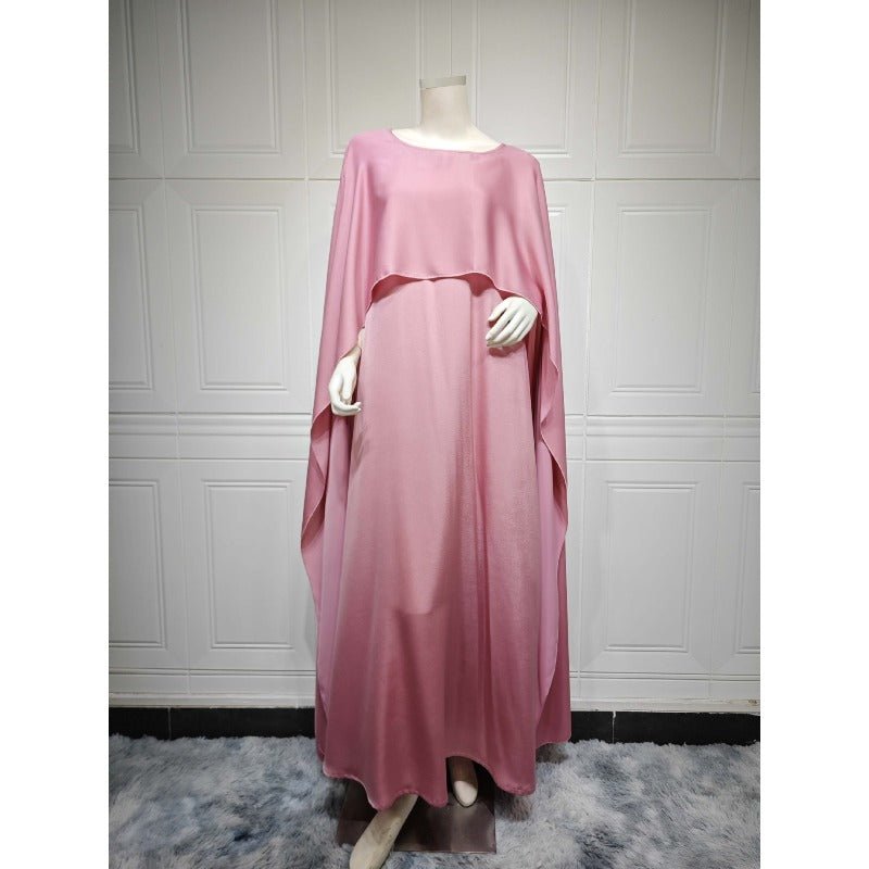 Elegant Royal Satin Abaya Dress | Modest Cape Sleeve Maxi Robe with Luxurious Draping(MA289) - Mariam's Collection