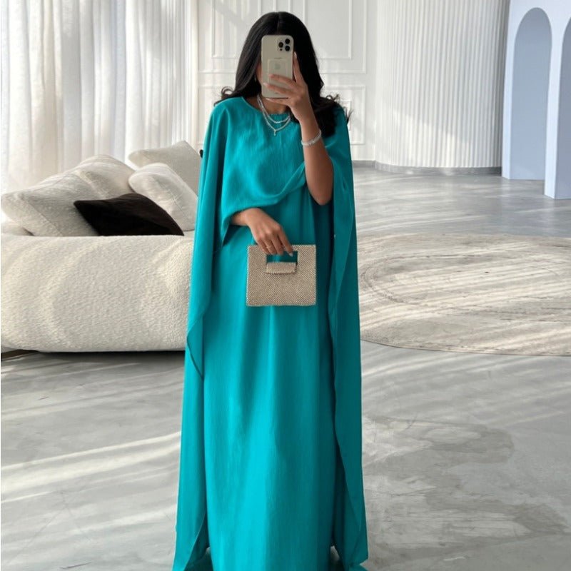 Elegant Royal Satin Abaya Dress | Modest Cape Sleeve Maxi Robe with Luxurious Draping(MA289) - Mariam's Collection