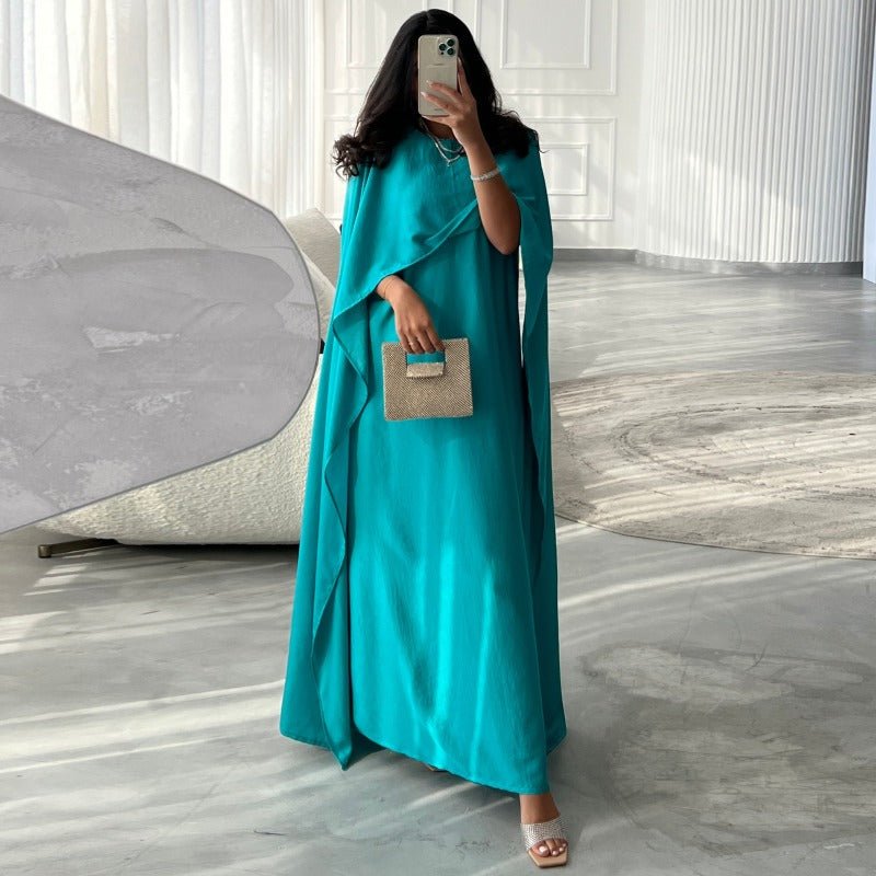 Elegant Royal Satin Abaya Dress | Modest Cape Sleeve Maxi Robe with Luxurious Draping(MA289) - Mariam's Collection