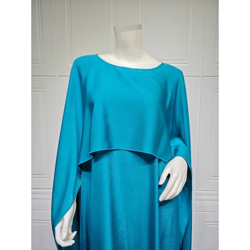 Elegant Royal Satin Abaya Dress | Modest Cape Sleeve Maxi Robe with Luxurious Draping(MA289) - Mariam's Collection