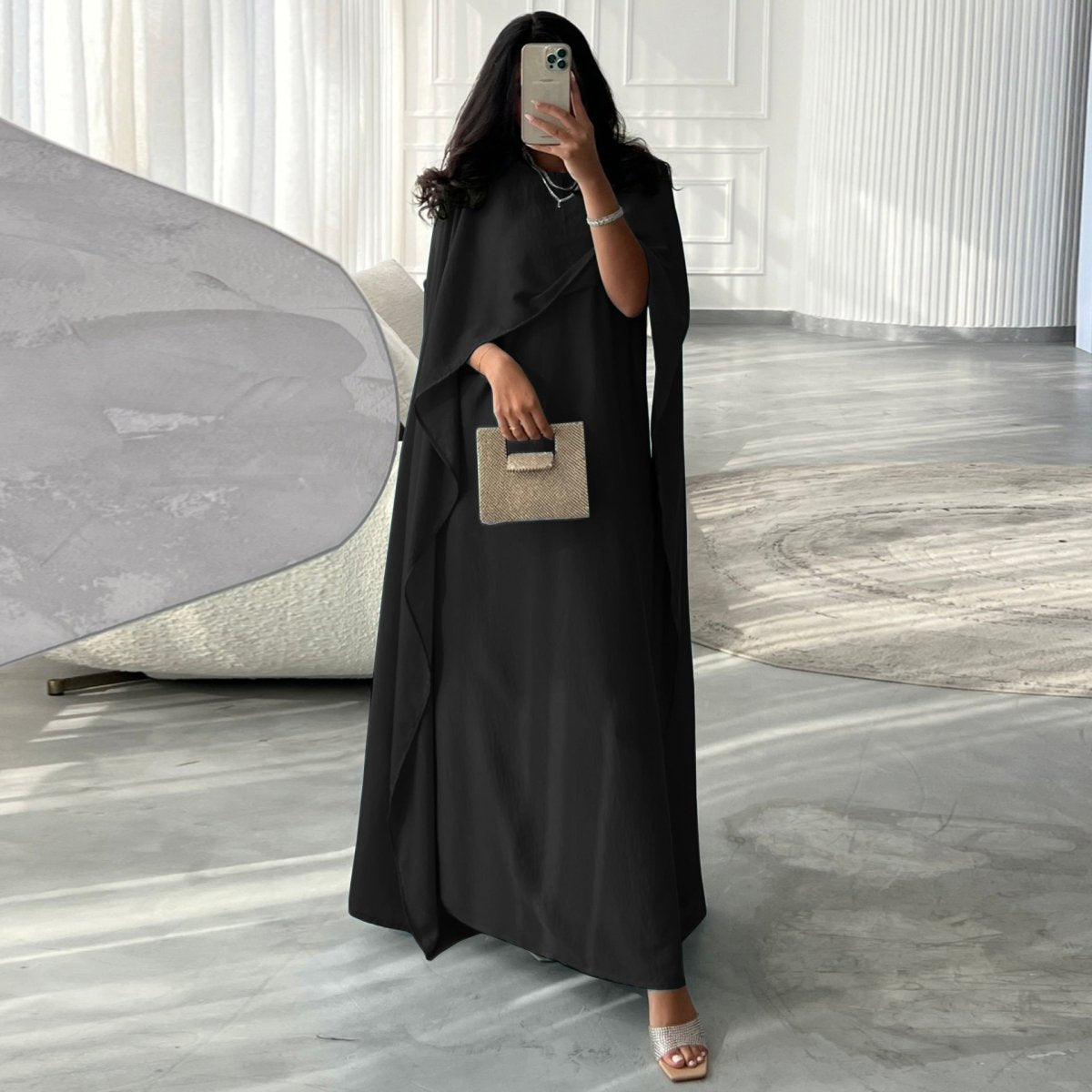 Elegant Royal Satin Abaya Dress | Modest Cape Sleeve Maxi Robe with Luxurious Draping(MA289) - Mariam's Collection