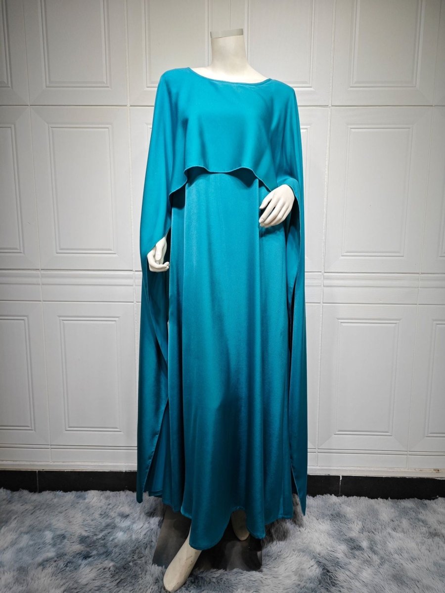 Elegant Royal Satin Abaya Dress | Modest Cape Sleeve Maxi Robe with Luxurious Draping(MA289) - Mariam's Collection