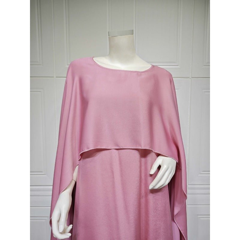 Elegant Royal Satin Abaya Dress | Modest Cape Sleeve Maxi Robe with Luxurious Draping(MA289) - Mariam's Collection